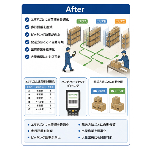 教えて嵐さん！改善事例物流倉庫の出荷効率を約30％向上の改善後。