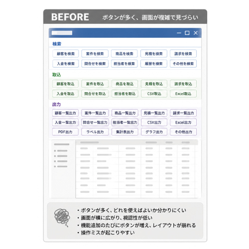 教えて嵐さん！改善事例操作ボタンを集約し、見やすく整理された画面設計への改善前。