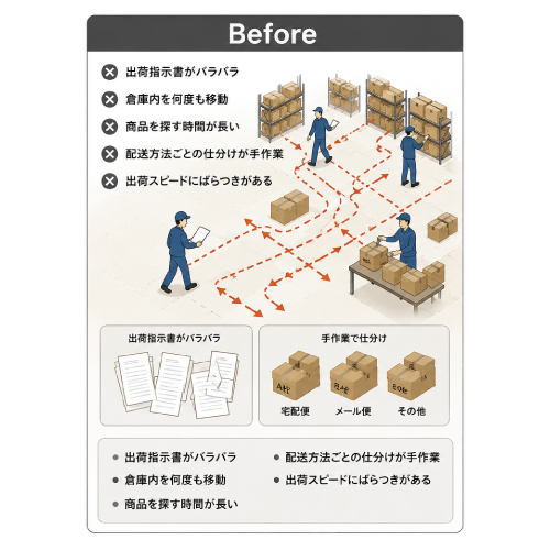 教えて嵐さん！改善事例物流倉庫の出荷効率を約30％向上の改善前。
