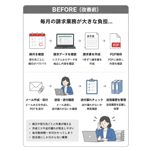 教えて嵐さん！改善事例毎月の請求書発行・メール送付を自動化の改善前。