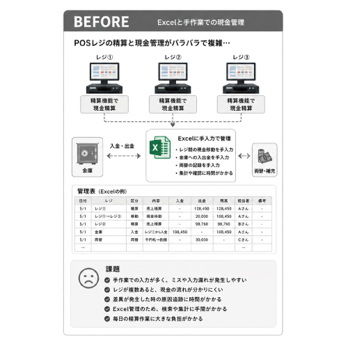 教えて嵐さん！改善事例現金精算・現金移動を一元管理し、レジ締め業務を効率化の改善前。